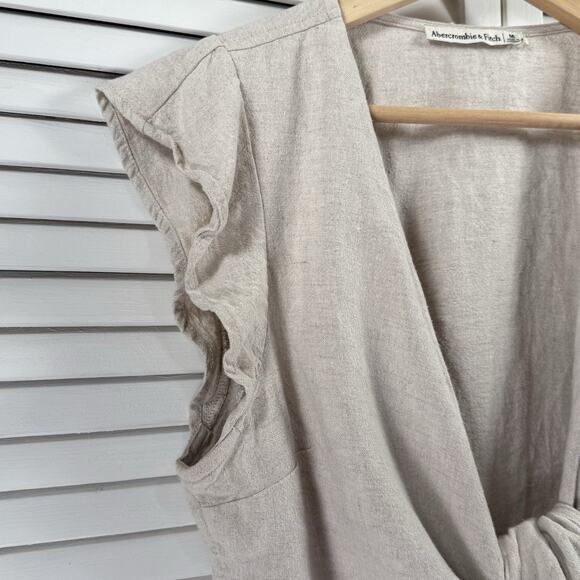 Abercrombie & Fitch Linen Blend Tan Crop Top Tie Front SIZE MEDIUM Womens Shirt - Picture 3 of 10